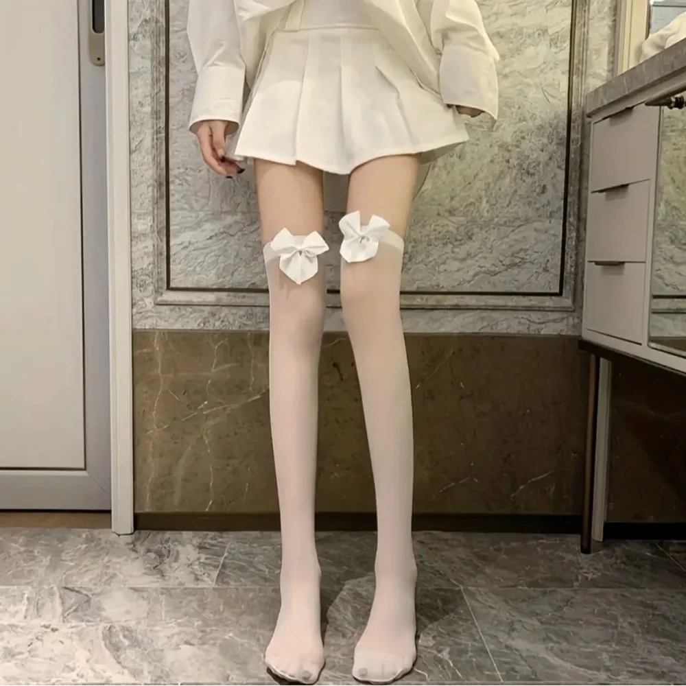 White Bow Thin Light Smooth Over The Knee‎ Socks Women's Stockings  One Size